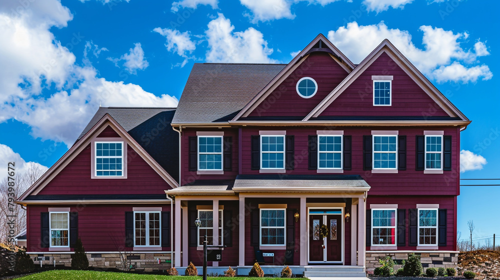 A radiant maroon house with traditional windows and shutters stands tall on a spacious lot, offering a picturesque scene against the vibrant blue sky in the suburbs. A radiant maroon house with traditional windows and shutters stands tall on a spacious lot, offering a picturesque scene against the vibrant blue sky in the suburbs.