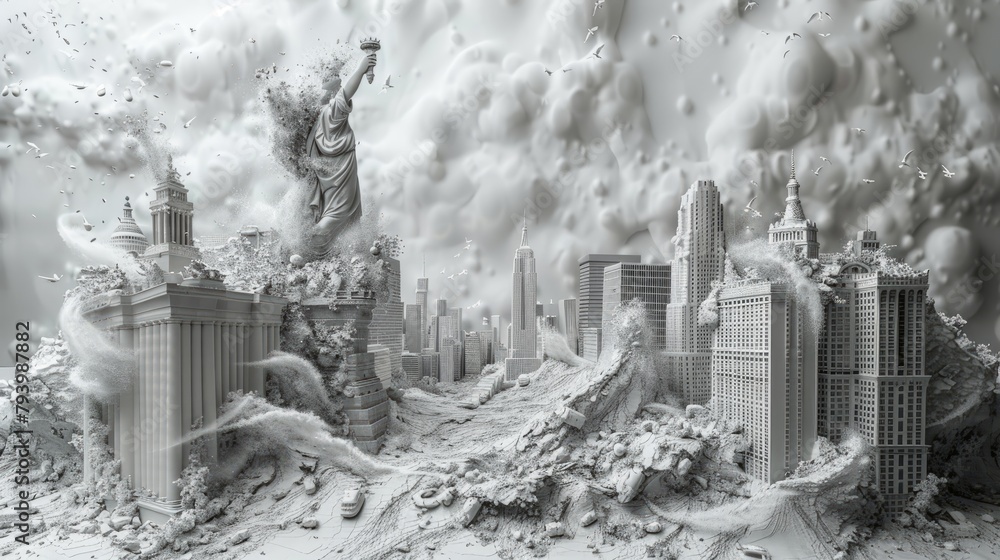 A grayscale photo of a city destroyed by a natural disaster.