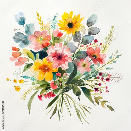 Spring bouquet in rich watercolors  isolated on a white backdrop --ar 1 1 Job ID  8fe1756f-f8fb-45f1-b633-a78035252557