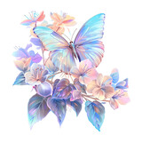 Pastel Holographic Butterfly and Flowers Clipart isolated on White Background