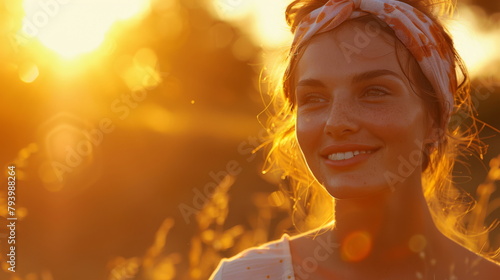 Radiant smile with sunset backdrop, suitable for positivity and youthfulness. © mashimara