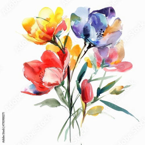 Spring flowers in rich watercolors  vibrant and isolated on white --ar 1 1 Job ID  b8198ecf-fb89-4868-bc48-d95b6b976649