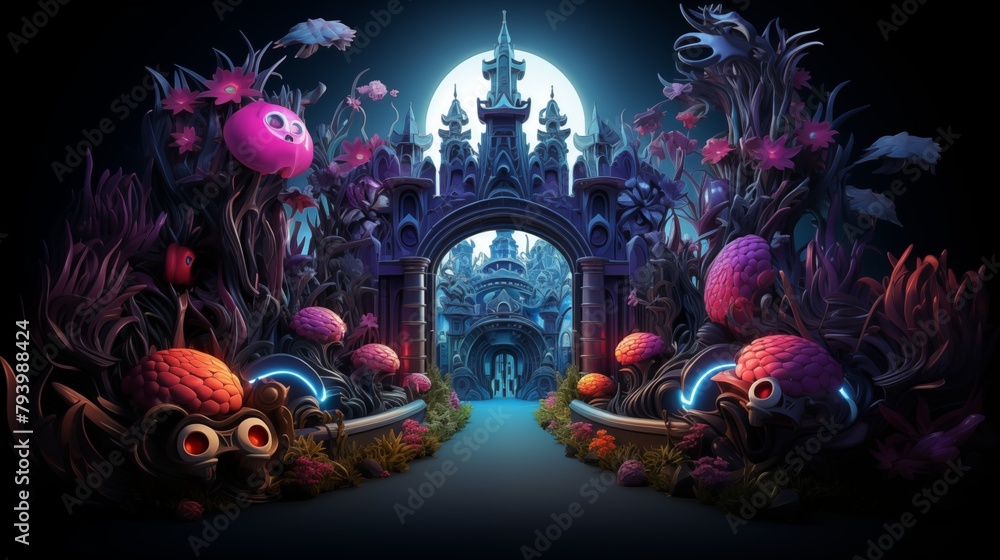 Enchanting Moonlit Castle with Bioluminescent Flora and Ethereal Glow