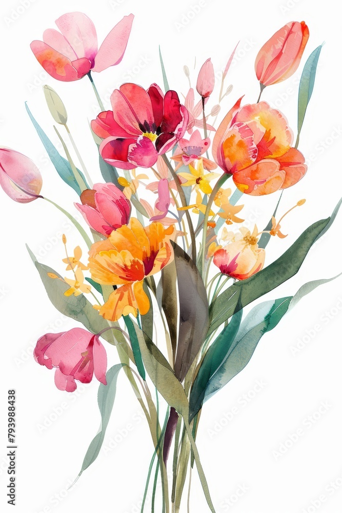 Spring floral watercolor clipart, vibrant bunch, isolated on white --ar 2:3 Job ID: 7de66041-44ec-4a70-87b7-6dadd44e55fc