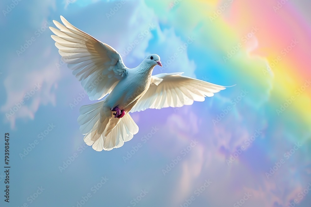 Fototapeta premium A white dove flies with wings spread wide against a backdrop of a soft rainbow, a vibrant symbol of peace and diversity