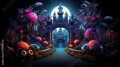 Enchanting Moonlit Castle with Bioluminescent Flora and Ethereal Glow