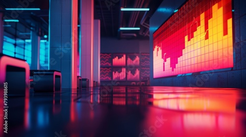 A long, empty room with a glowing red and blue grid on the back wall.