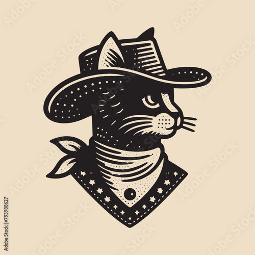 Cute cowboy cat. Graphic black vector vintage illustration. Isolated object