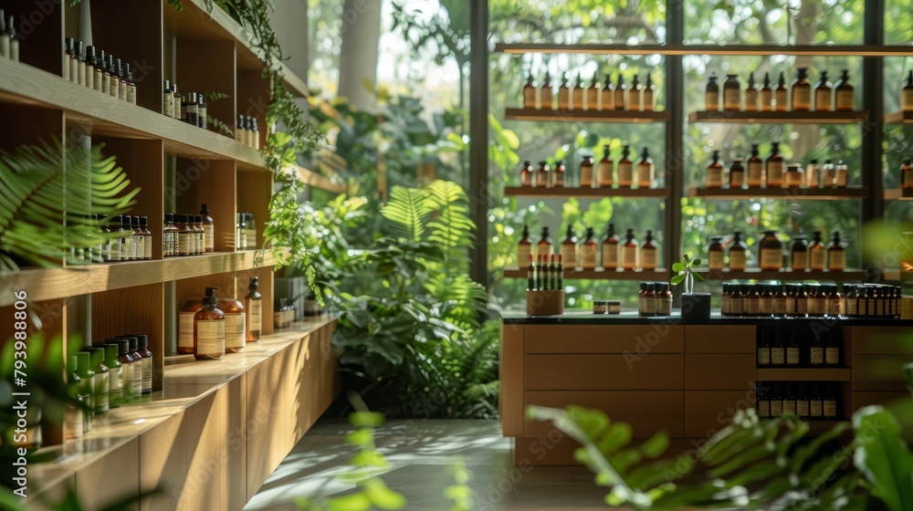 A modern herbal apothecary with wooden shelves and counters, filled with various herbs, plants, and potions, and decorated with lush greenery.