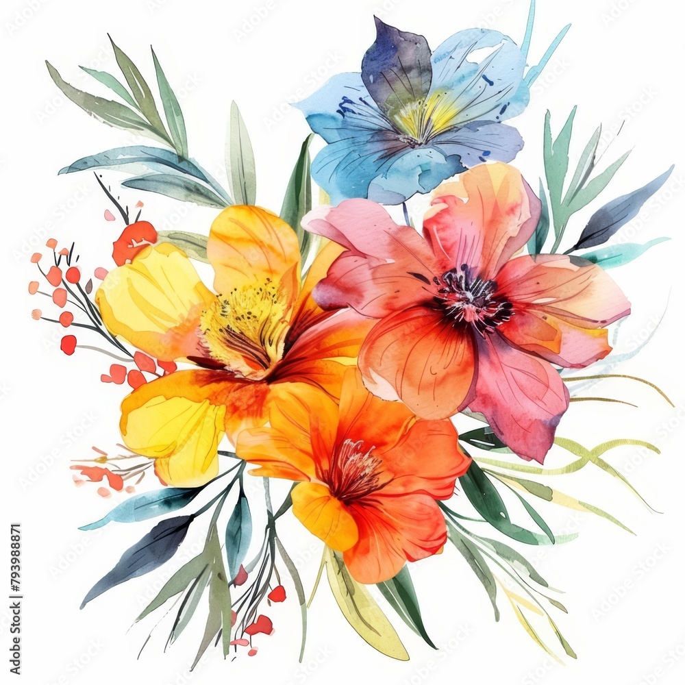 Spring floral watercolor bunch, bright colors, isolated on white --ar 1:1 Job ID: 85cade59-f24b-4b28-85c4-e965e548a300