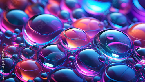 Close-up em textura de borbulhas de refrigerante iluminado com luzes de neon.