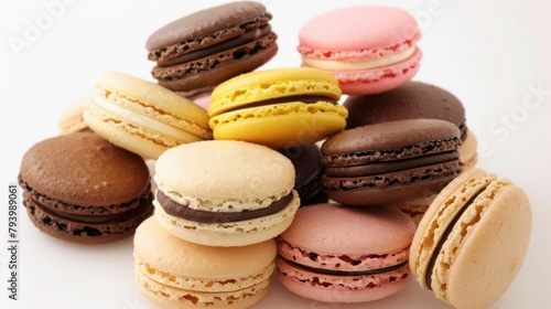 Assorted stack of colorful macarons on white background, delicious sweet French pastry confectionery concept