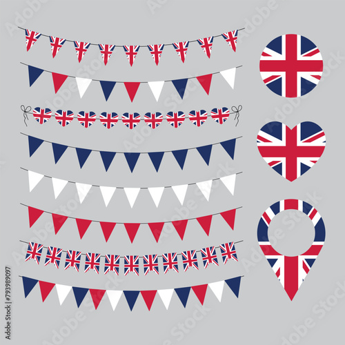UK flag garland set, Union Jack pennants, British party decoration, set of Great Britain flag decor vector elements
