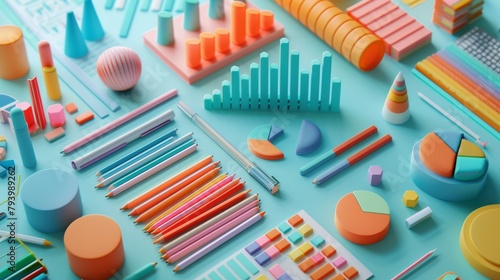 A variety of brightly colored 3D shapes and office supplies arranged on a blue background.