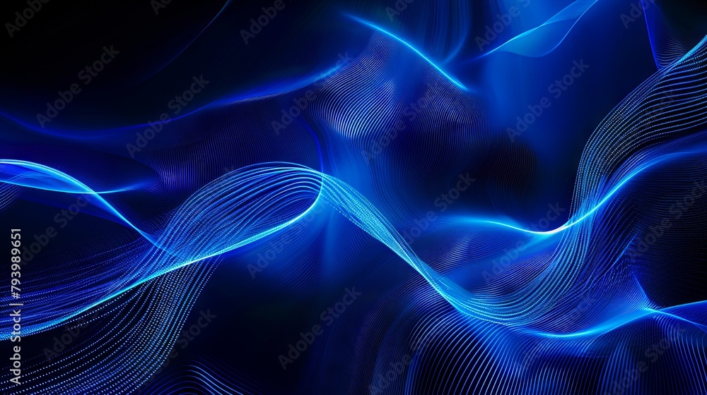 Dark blue modern background, technological lines, undulating light, abstract composition, high saturation, digital style, wide camera, perspective effect, cool colours