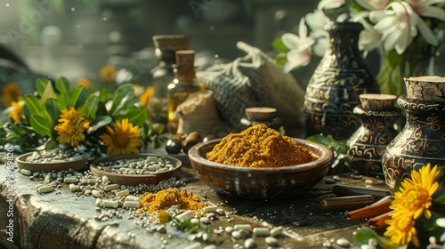 An alchemist's table with various magical ingredients