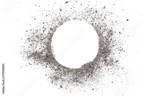 Cigarette ash flying in shape circle isolated on white background  texture