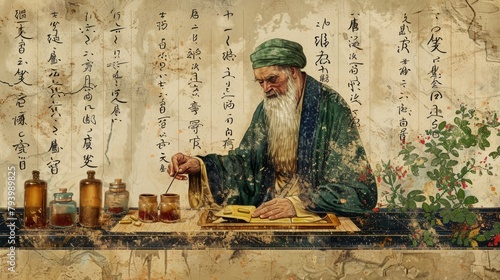 An ancient Chinese doctor is shown in the painting. He has a long white beard and is wearing a green robe.
