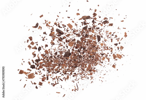 Pile chopped, milled dark chocolate isolated on white, top view