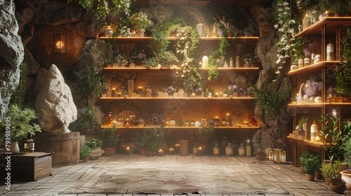 An illustration of a fantasy room filled with potions, plants, and magical objects.
