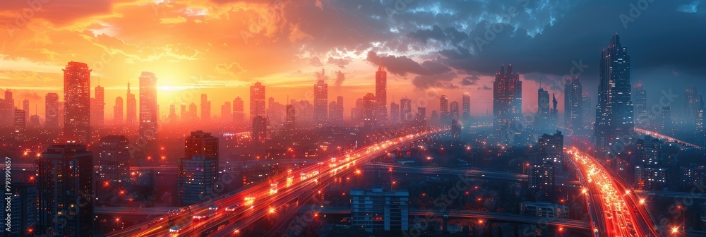 Fototapeta premium Futuristic city at sunrise, smart cars communicating wirelessly on multi-level highways, optimizing traffic flow