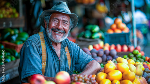 A smiling man selling fresh fruits at a farmers market.