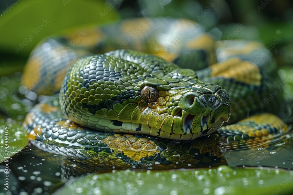 Green Anaconda: Coiled on riverbank with massive body, illustrating its role as apex predator. Green Anaconda: Coiled on riverbank with massive body, illustrating its role as apex predator.