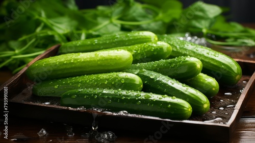 Fresh organic cucumbers on a cooling rack  just washed  vibrant green