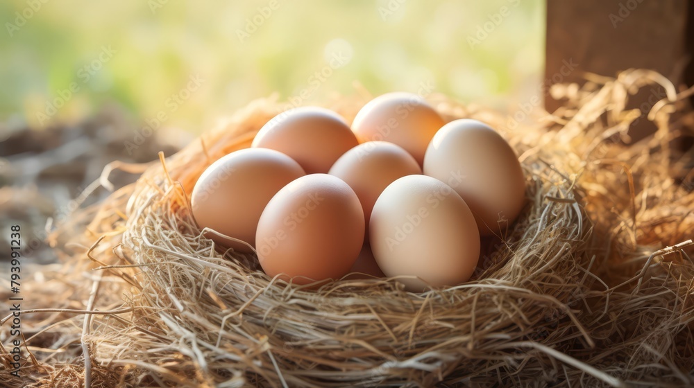 Organic brown eggs in a nest, close-up, soft natural light, concept of farm freshness,