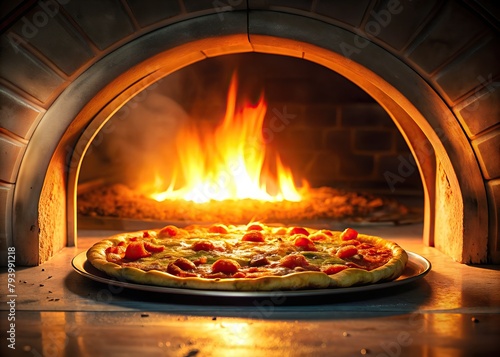 delicious pizza with golden brown crust is cooking in brick oven