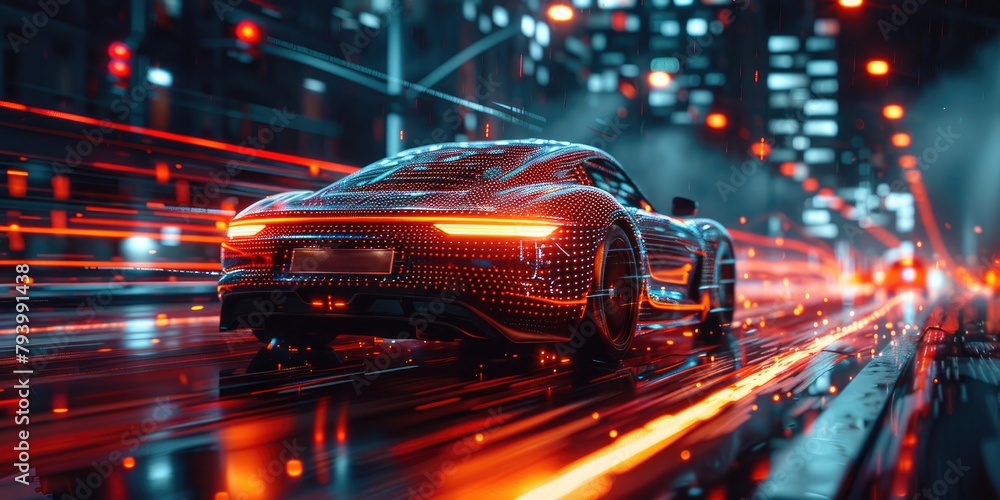 Retro-futuristic car navigating through a cyberpunk city, augmented reality displaying live traffic updates and safety alerts Retro-futuristic car navigating through a cyberpunk city, augmented reality displaying live traffic updates and safety alerts