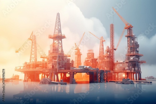Futuristic factory construction depicted in a 3D illustration with advanced cranes, set against a morning mist gradient background photo