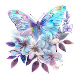 Vibrant Holographic Rainbow Butterfly and Flowers Clipart isolated on White Background