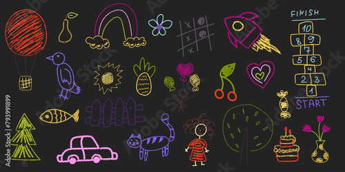 Set of vector drawings hand drawn with colored chalk on a blackboard. Cute flower, rocket, animal elements, car, classic, trees. Children's animal design for textiles, posters, flyers