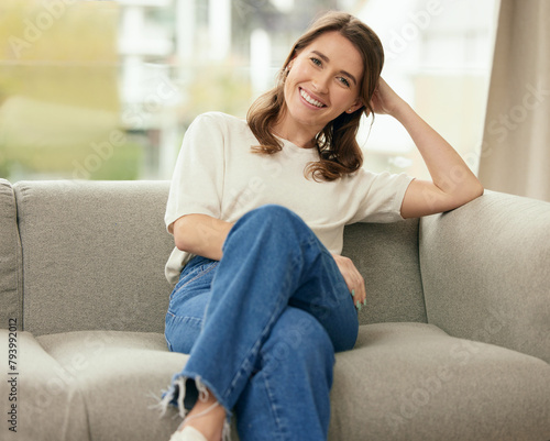 Εκτύπωση καμβά Portrait, smile and woman on couch in home living room for relax, calm and peace in apartment in Germany