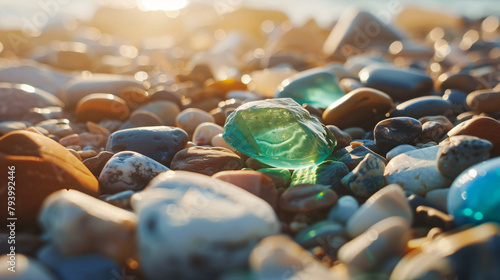 Colorful gemstones on a beach Polish textured