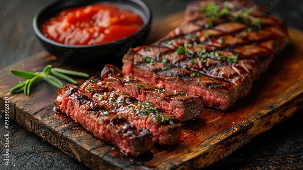 Sliced flank steak cooked medium on a charcoal grill on a dark background. Top view Sliced flank steak cooked medium on a charcoal grill on a dark background. Top view