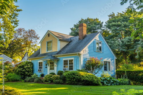 A radiant ochre-colored house nestled amidst the suburban greenery, its pale blue siding blending harmoniously with the traditional windows and shutters. Against the backdrop of a bright, sunny day