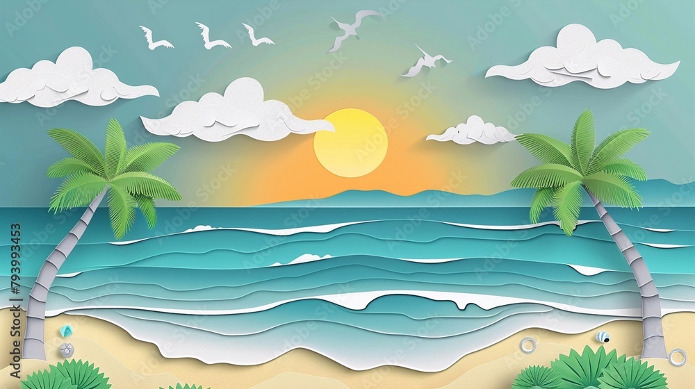 Paper art summer, Coastal serenity in paper cut style. Paper art summer, Coastal serenity in paper cut style.