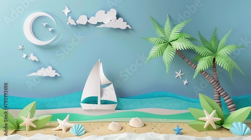 Paper art summer, Coastal serenity in paper cut style.
