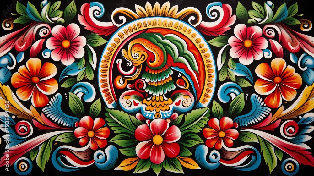 A Vibrant Symmetrical Folk Art Illustration with Colorful Flowers and Mythical Bird