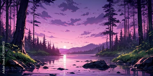 Lake landscape, anime wallpaper, purple background photo