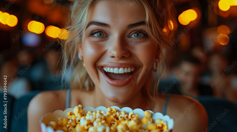 A beautiful young woman watching a movie sitting in a cinema theatre eating popcorn. 