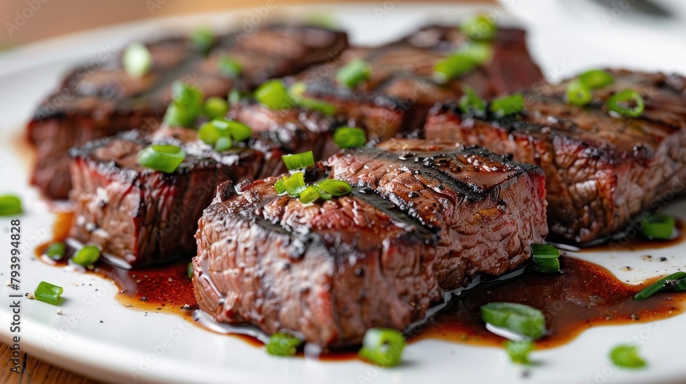 Roasted beef steak served on a white plate with garnishes of green onions Roasted beef steak served on a white plate with garnishes of green onions
