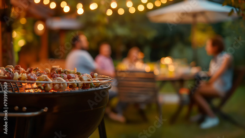 Grillabend oder Party mit Freunden im sommerlichen Garten, Grill belegt mit Fleisch und Gemüse. Freunde im Garten unscharf im Hintergrund photo