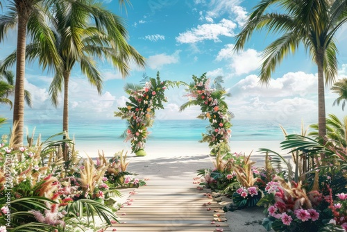 Wedding arch on tropical beach with palm trees and flowers.
