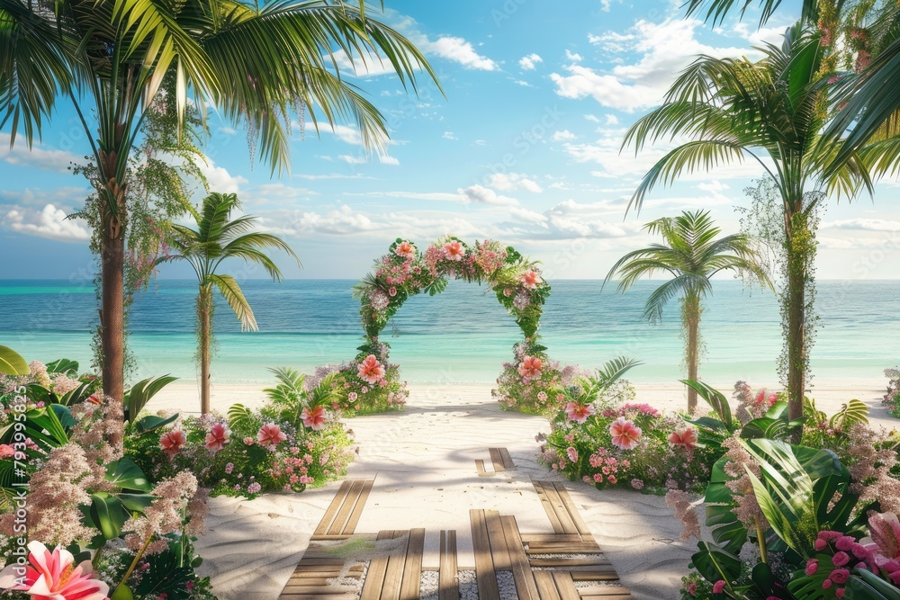 Fototapeta premium Wedding arch on tropical beach with palm trees and flowers.
