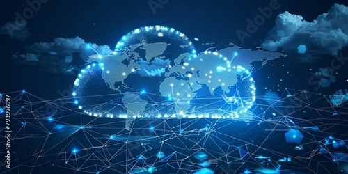 data transfer cloud computing technology concept. There is a large prominent cloud icon in the center with internal connections. and small icon on abstract world map polygon with dark blue background