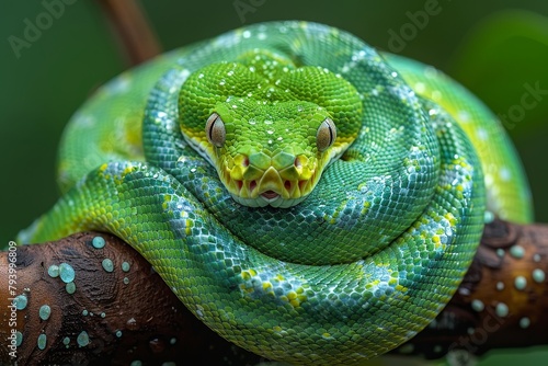 Green Tree Python: Wrapped around a branch with vibrant green scales, contrasting with the background 