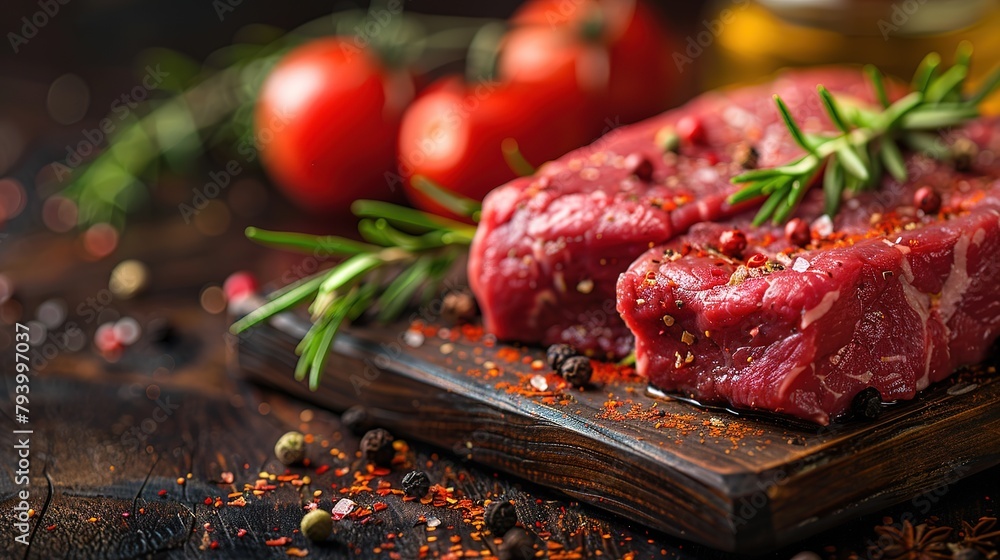 Raw, flap or flank, also known Bavette steak near butcher knife with